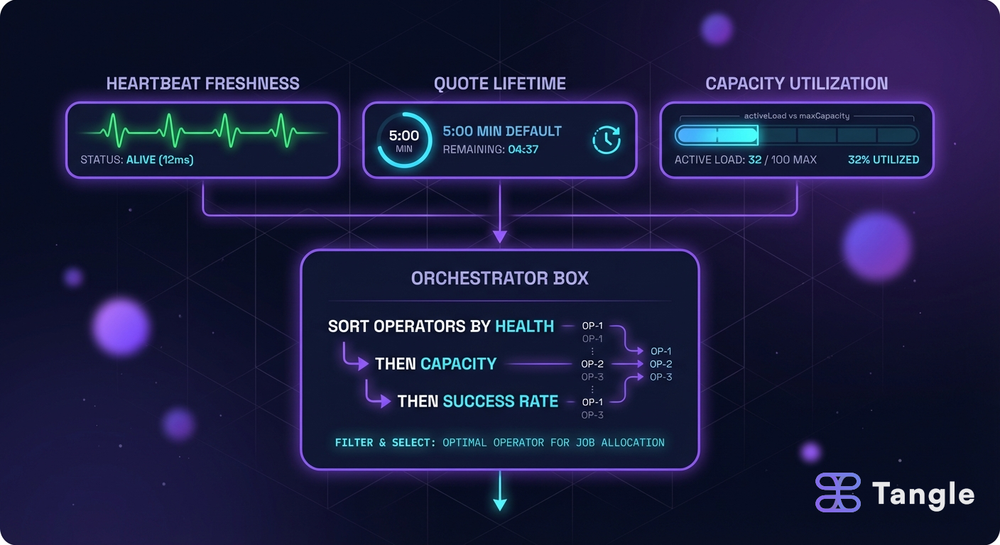 Operator health signals: heartbeat, quote freshness, and capacity utilization