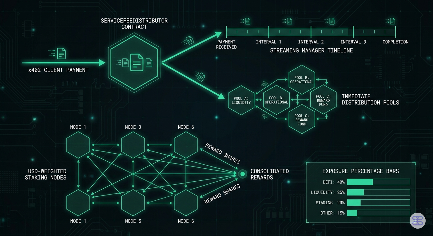 On-chain payment distribution flow diagram showing ServiceFeeDistributor, streaming manager, and exposure-weighted staking pools