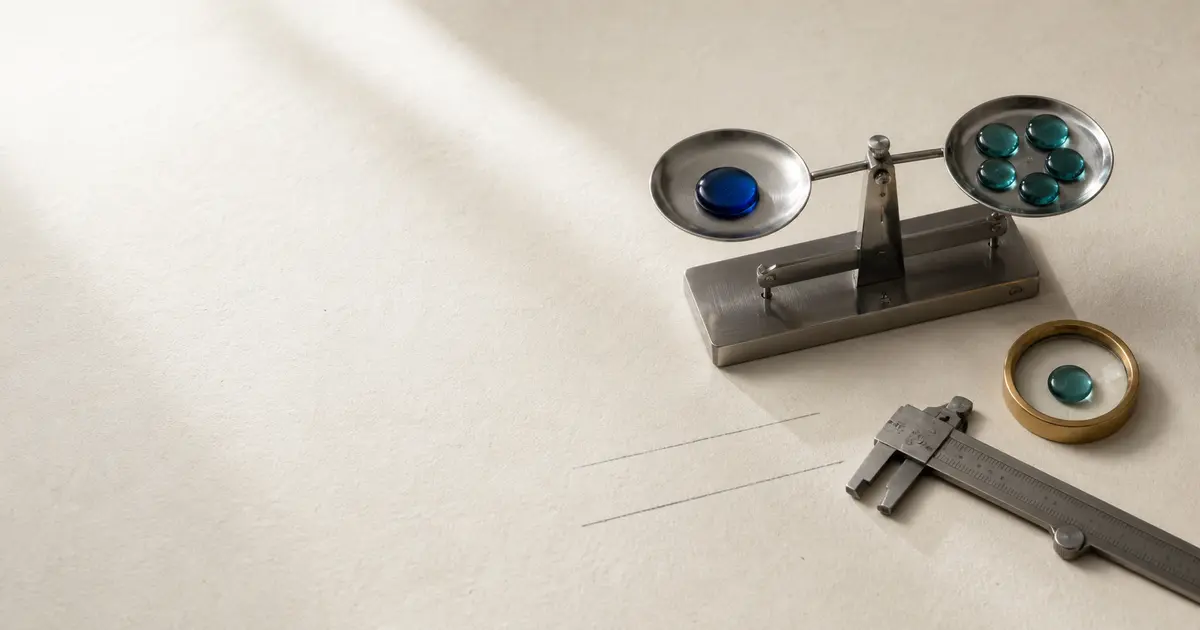 A precision balance weighs one blue glass token against five teal tokens beside a brass selection ring.