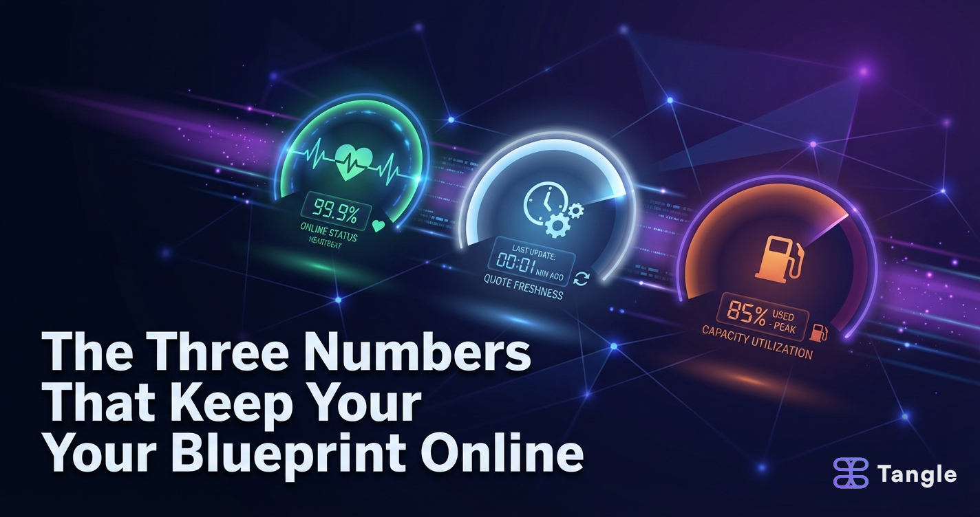 Three operator health gauges showing heartbeat, quote freshness, and capacity utilization