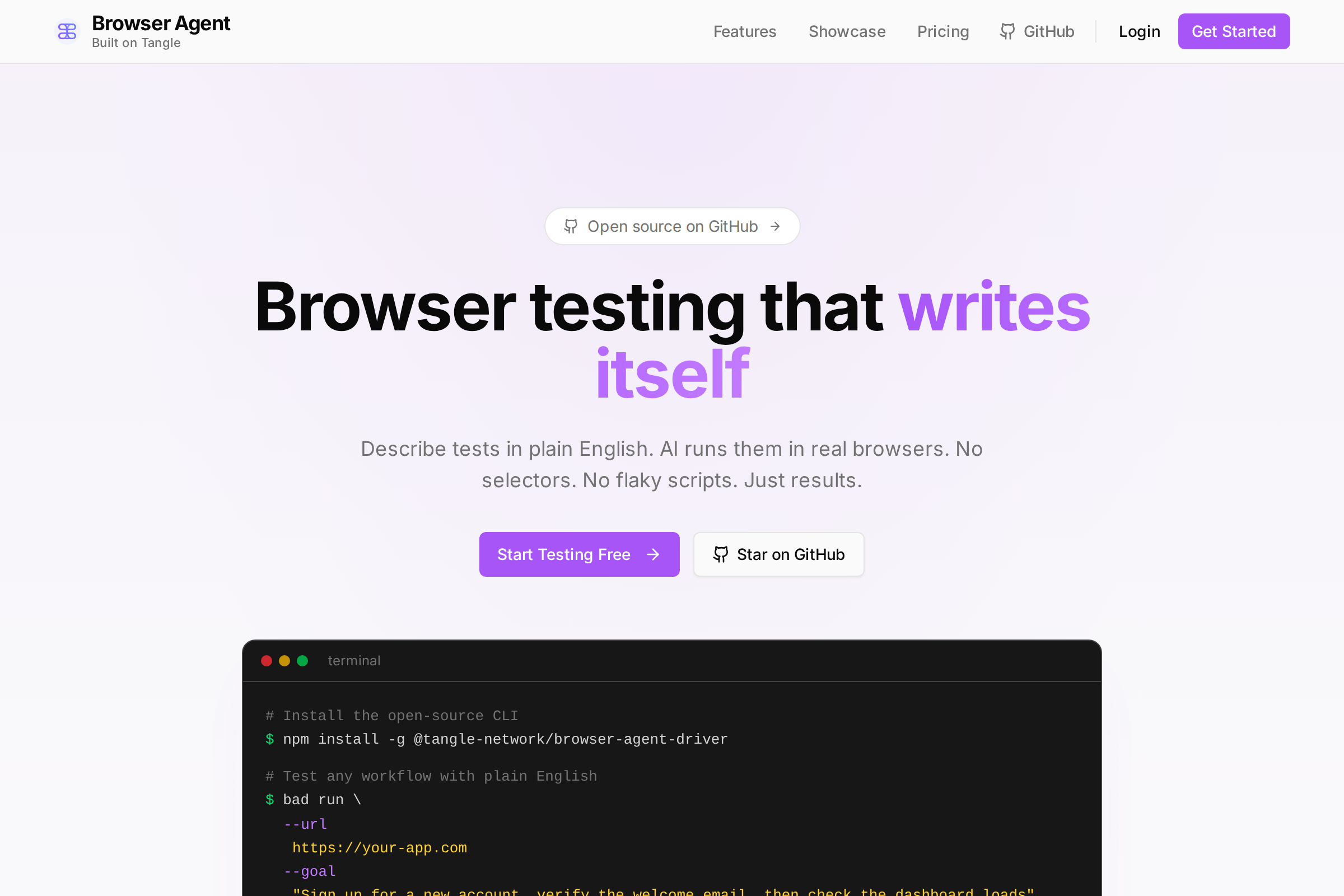 Tangle Browser Agent workspace showing browser test run, screenshots, actions, and run evidence